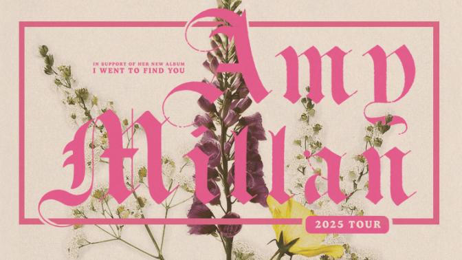 Banner with pink Calligraphic text that says Amy Millan and features wildflowers in the background