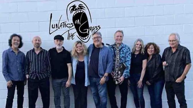 All band members of the lunctics on the grass standing in front of a white concrete brick wall