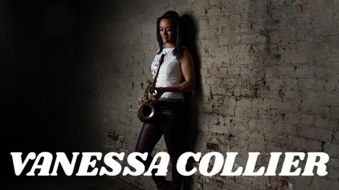 musician vanessa collier leaning against a brick wall while holding a saxophone
