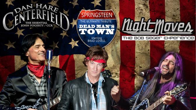 3 musicians in front of an American flag 