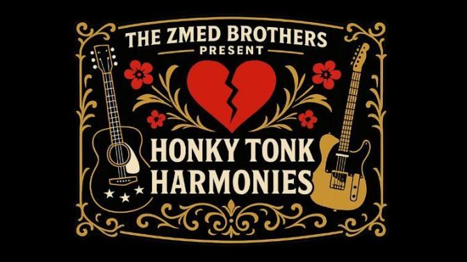 ILlustration of show title with a broken heart flanked by two guitars and golden filigree