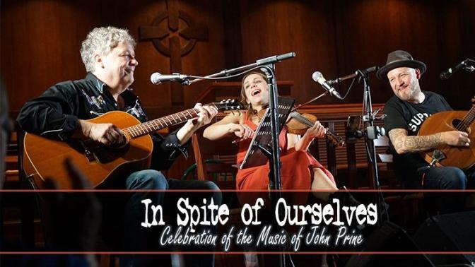 Three happy seated musicians performing with stringed instuments and singing