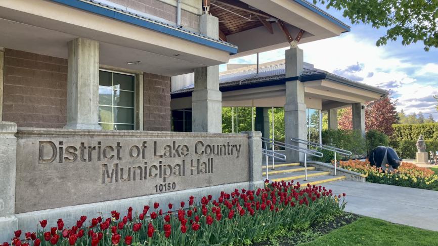 Lake Country Municipal Hall with spring tulips in front