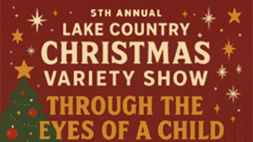 text based with title of show over a burgundy background includes a christmas tree and starry flourishes