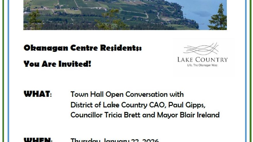 poster invitation to Okanagan Centre Town Hall on January 22, 2026