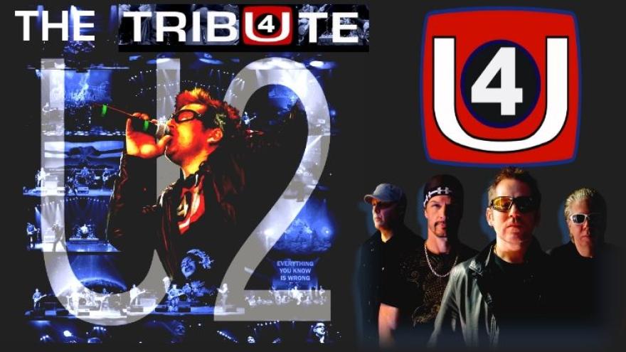 collage of U2 tribute band U4 with various members performing on stage