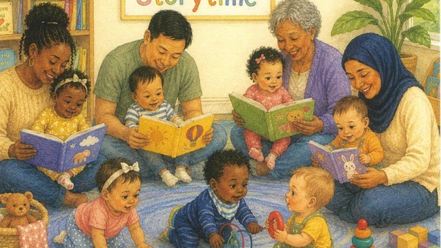 A group of adults reading books to their babies