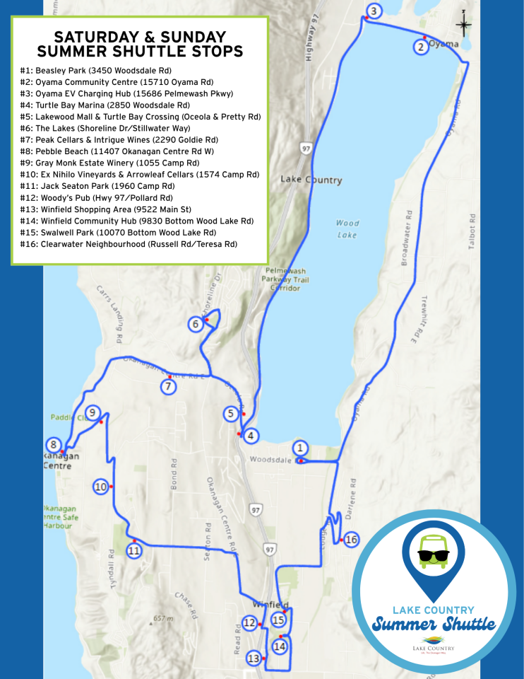 Map of the Summer Shuttle around Lake Country with stop names.