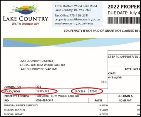 Property tax notice from Lake Country for 2022, showing details like folio number 12345.123 and access code 12345.