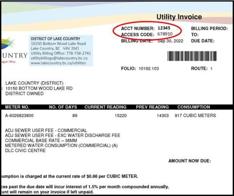Utility invoice from the District of Lake Country with details on water consumption and charges.