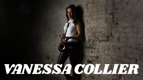 musician vanessa collier leaning against a brick wall while holding a saxophone