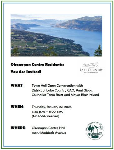poster invitation to Okanagan Centre Town Hall on January 22, 2026