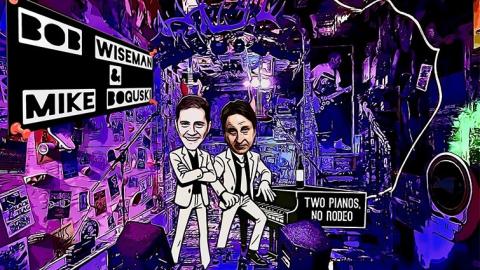 collage street scene with purple lighting and graffiti and two cartoon versions of bob wiseman and bike boguski with a piano