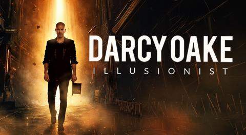 Darcy Oake walking through an alleyway with a bright yellow and orang beam of light backlighting him