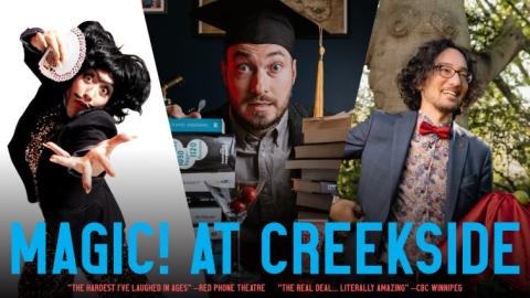 three magicians in seperate dynamic poses with playing cards, a stack of books or a red satin drape