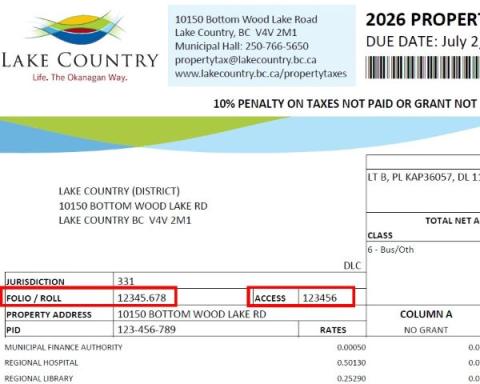 Property tax notice from Lake Country, showing details like the eight-digit folio number 12345.678 and six-digit access code 123456.