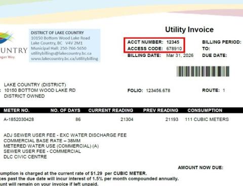 Utility bill from Lake Country, showing details like the utility account number 12345 and six-digit access code 678910..