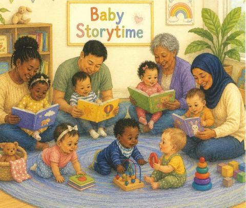 A group of adults reading books to their babies