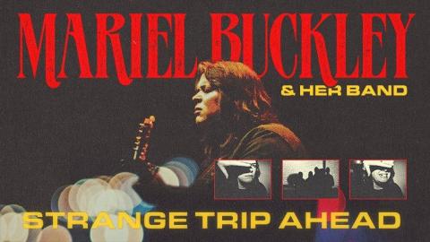 Mariel Buckley playing guitar with stage lights and three small inset photos of her band members