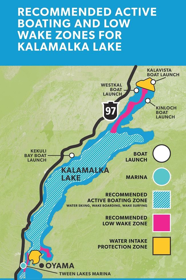 Map indicating recommended active boating and low wake zones for Kalamalka Lake, with labeled boat launch sites and color-coded zones.