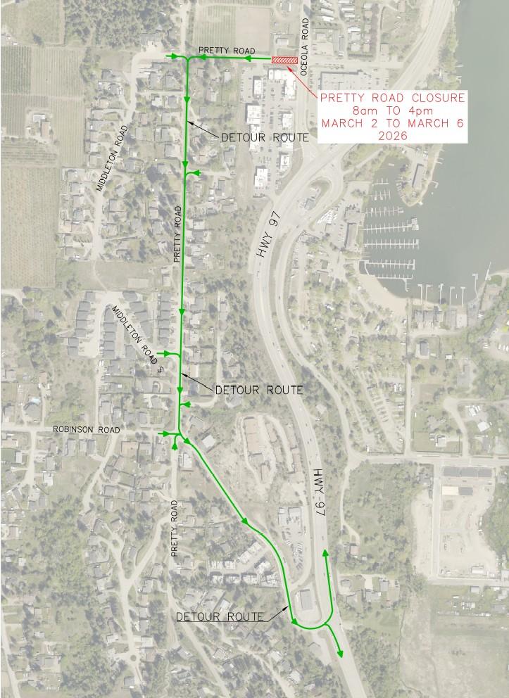 map of detours to avoid Pretty Road closure March 2 to 6