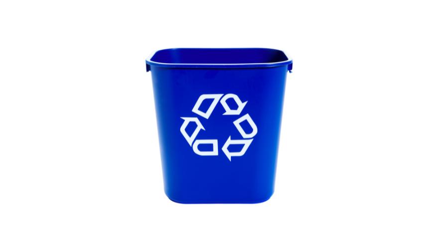 Blue recycling bin with white background